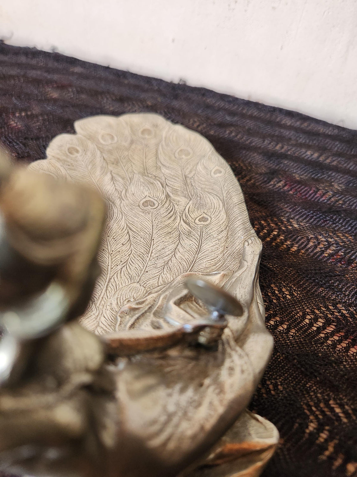 Antique Art Nouveau Pewter Ring Dish Lady and Peacock