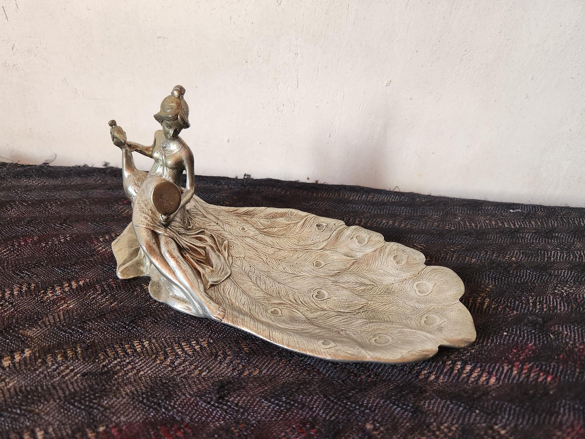 Antique Art Nouveau Pewter Ring Dish Lady and Peacock