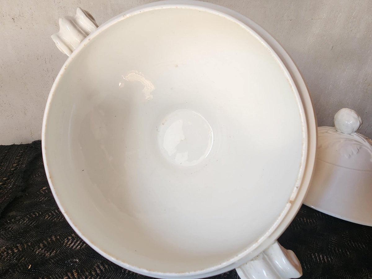 Antique Lunéville Ironstone Soup Tureen, 1875 French Terre de Fer Tea Stained