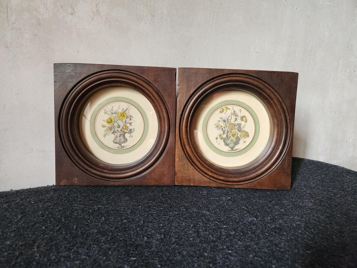 Antique Pair of Bouquet Lithographs Set into Wooden Frame.