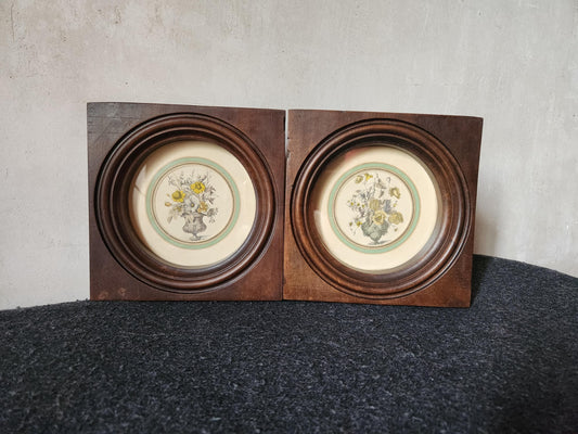 Antique Pair of Bouquet Lithographs Set into Wooden Frame.