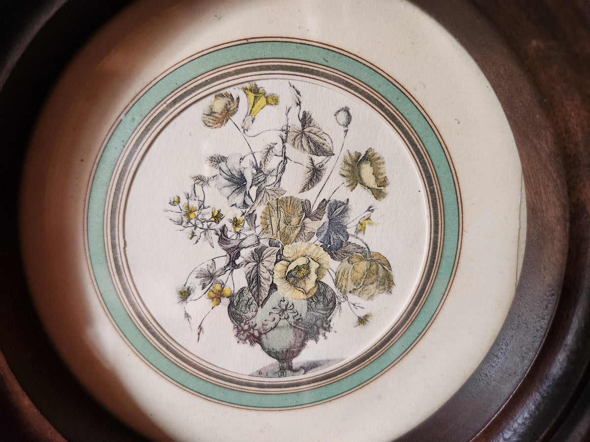 Antique Pair of Bouquet Lithographs Set into Wooden Frame.