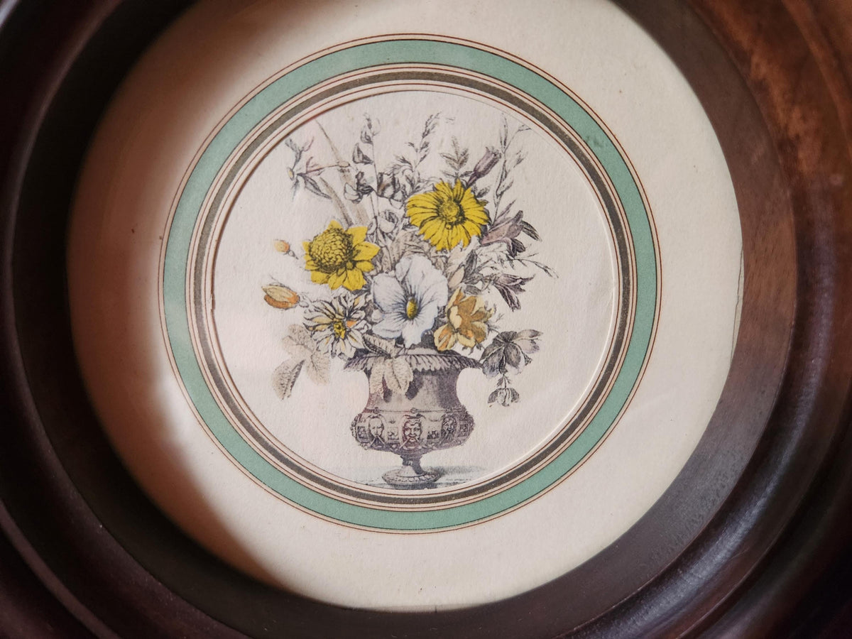 Antique Pair of Bouquet Lithographs Set into Wooden Frame.