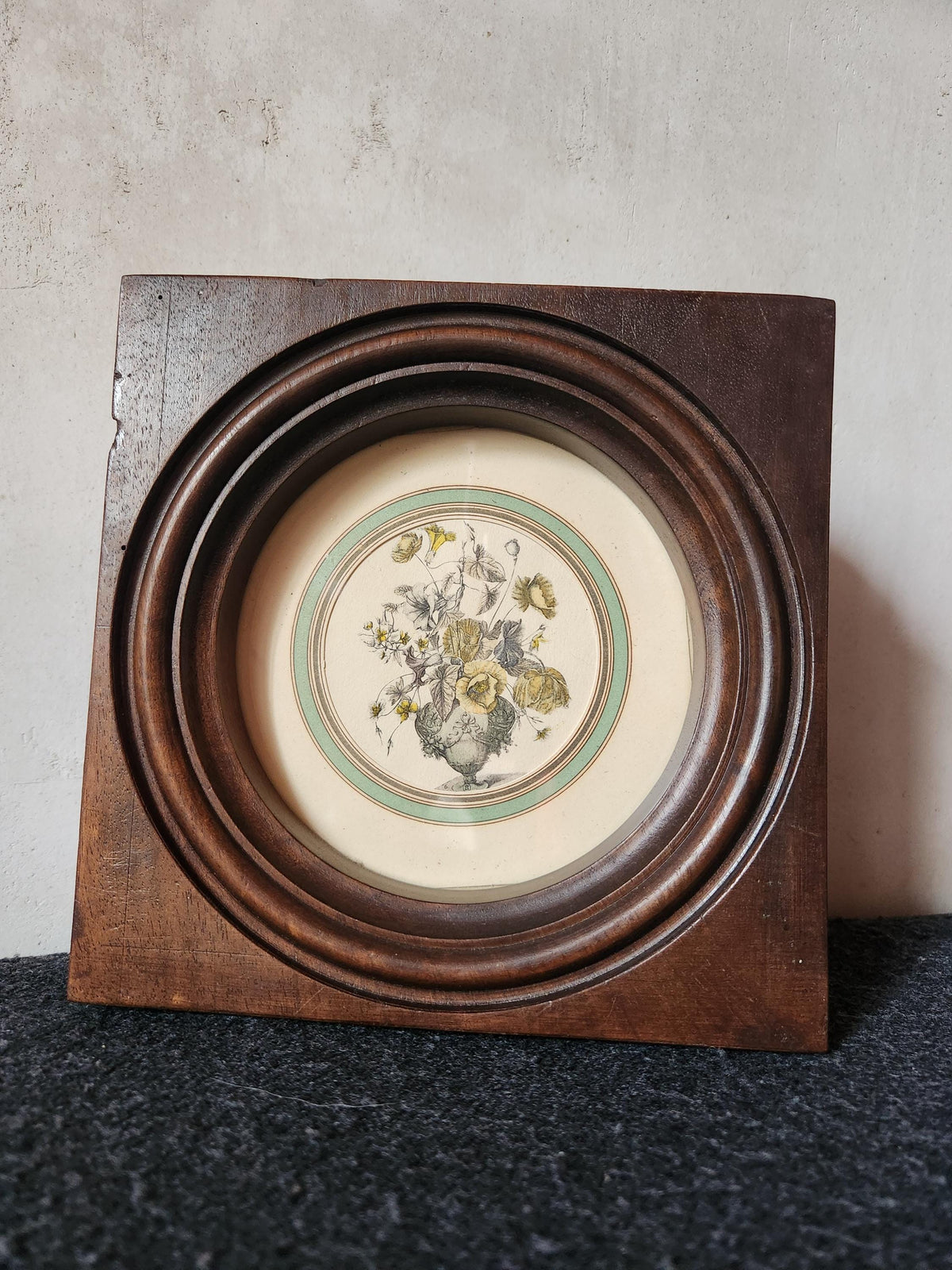 Antique Pair of Bouquet Lithographs Set into Wooden Frame.