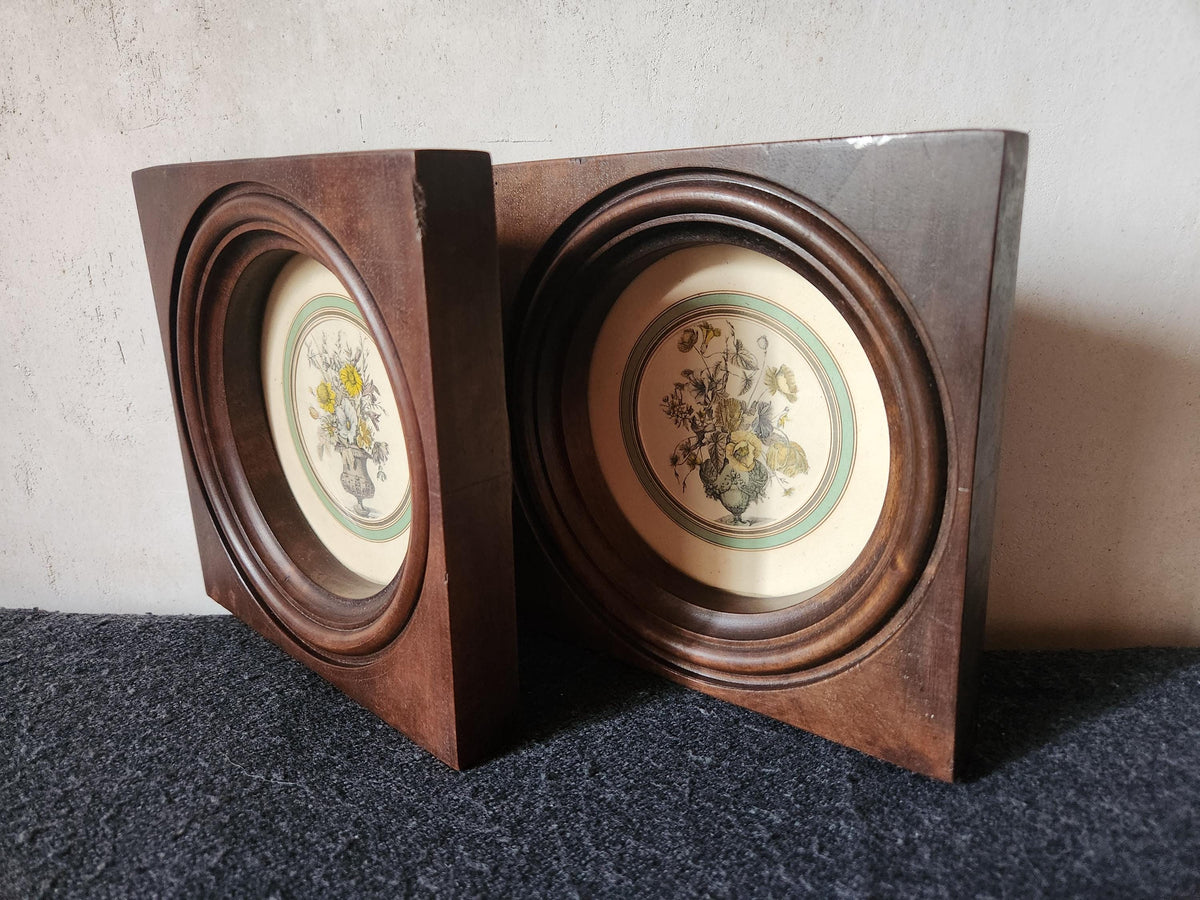 Antique Pair of Bouquet Lithographs Set into Wooden Frame.