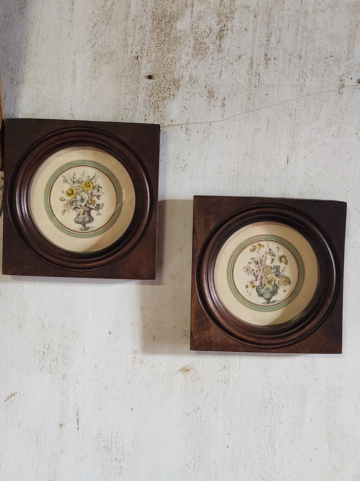 Antique Pair of Bouquet Lithographs Set into Wooden Frame.
