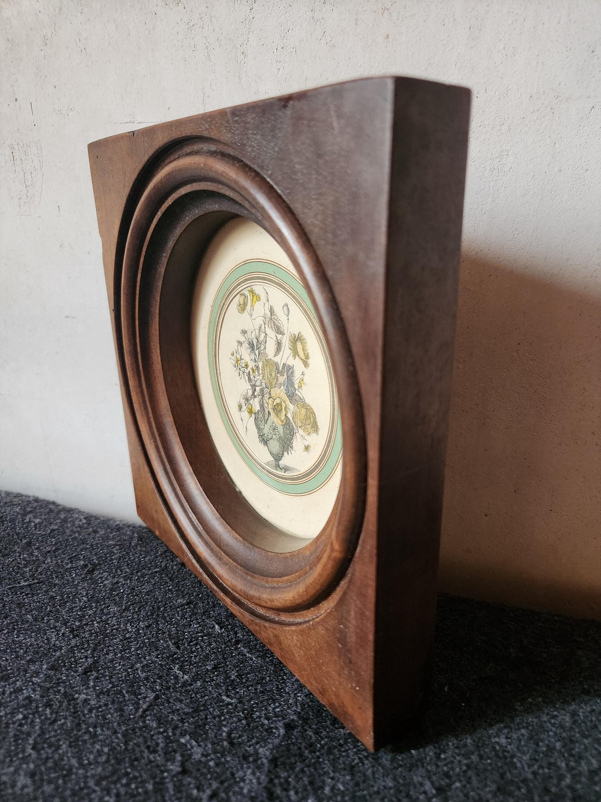 Antique Pair of Bouquet Lithographs Set into Wooden Frame.