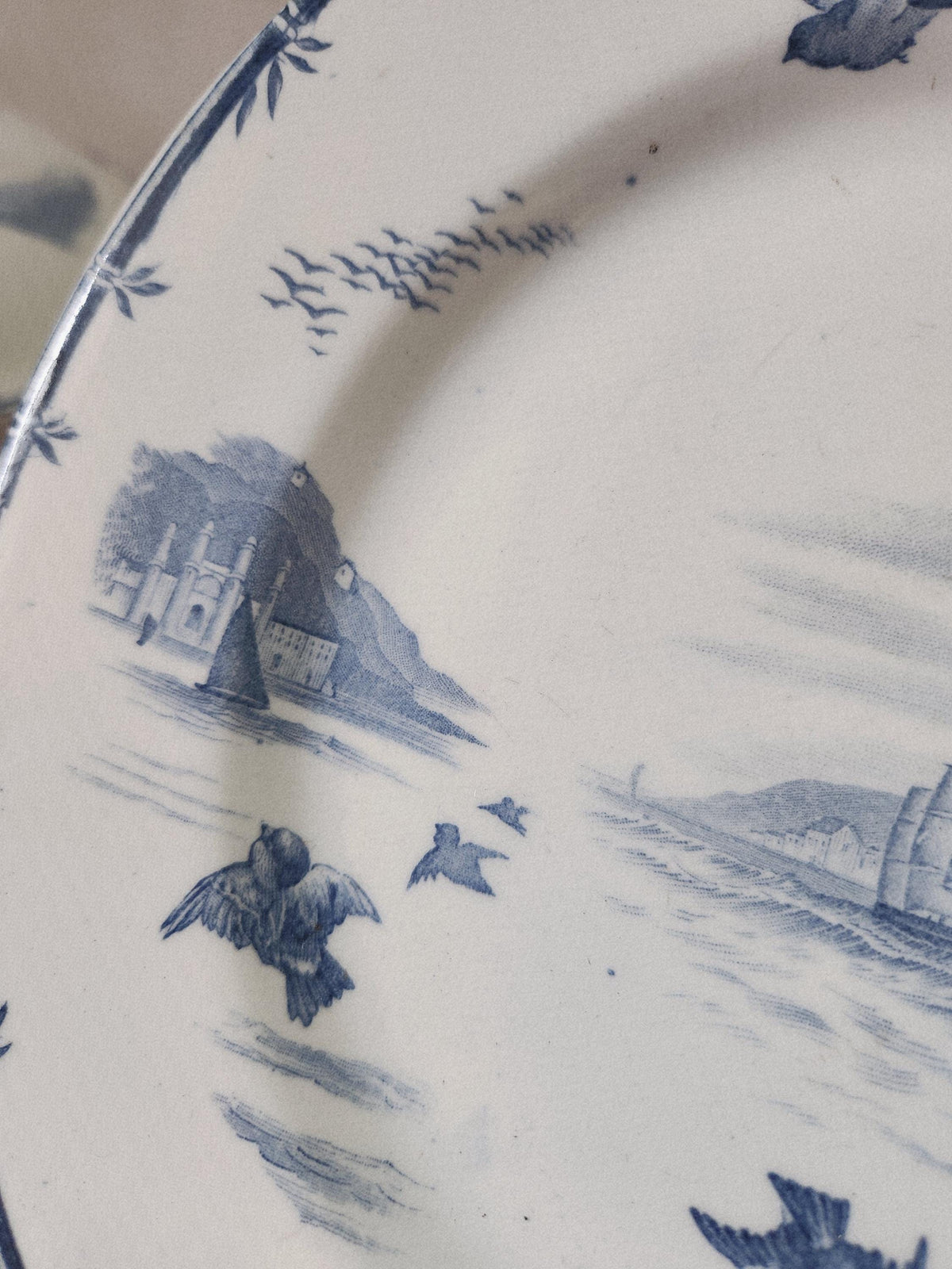 Antique French 19th Century GIEN Ironstone Footed Plate With Sparrows - TEASTAINED