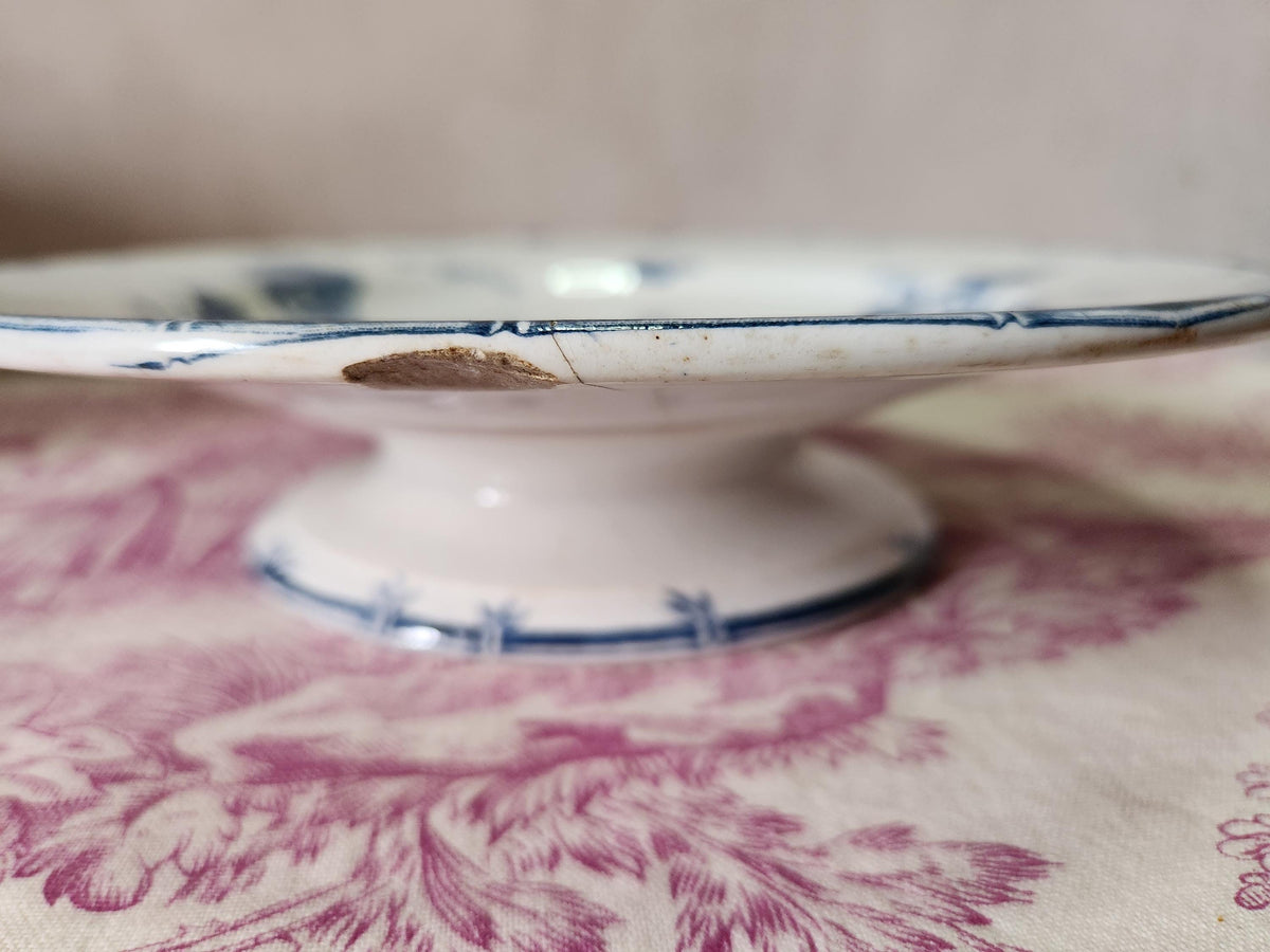 Antique French 19th Century GIEN Ironstone Footed Plate With Sparrows - TEASTAINED