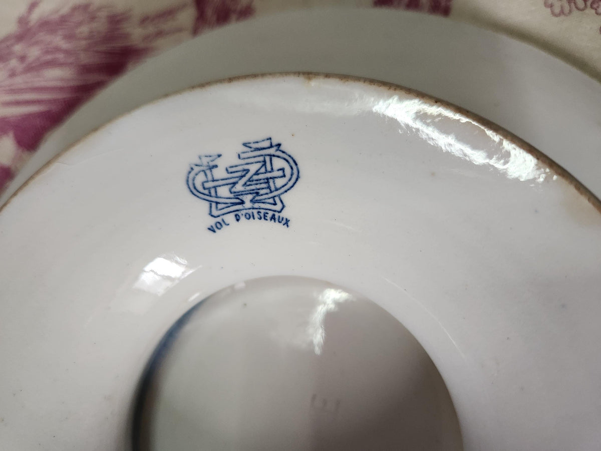 Antique French 19th Century GIEN Ironstone Footed Plate With Sparrows - TEASTAINED