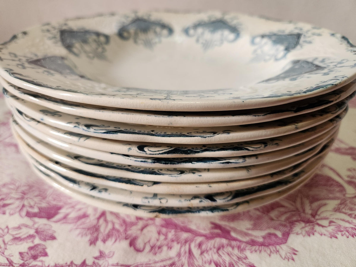 Antique French Ironstone 19th Century Longwy Byzantine Hollow Plates Blue Transferware