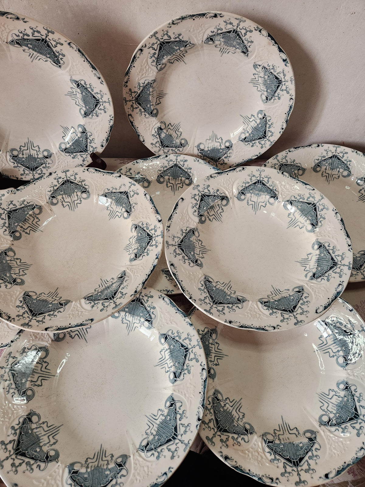 Antique French Ironstone 19th Century Longwy Byzantine Hollow Plates Blue Transferware