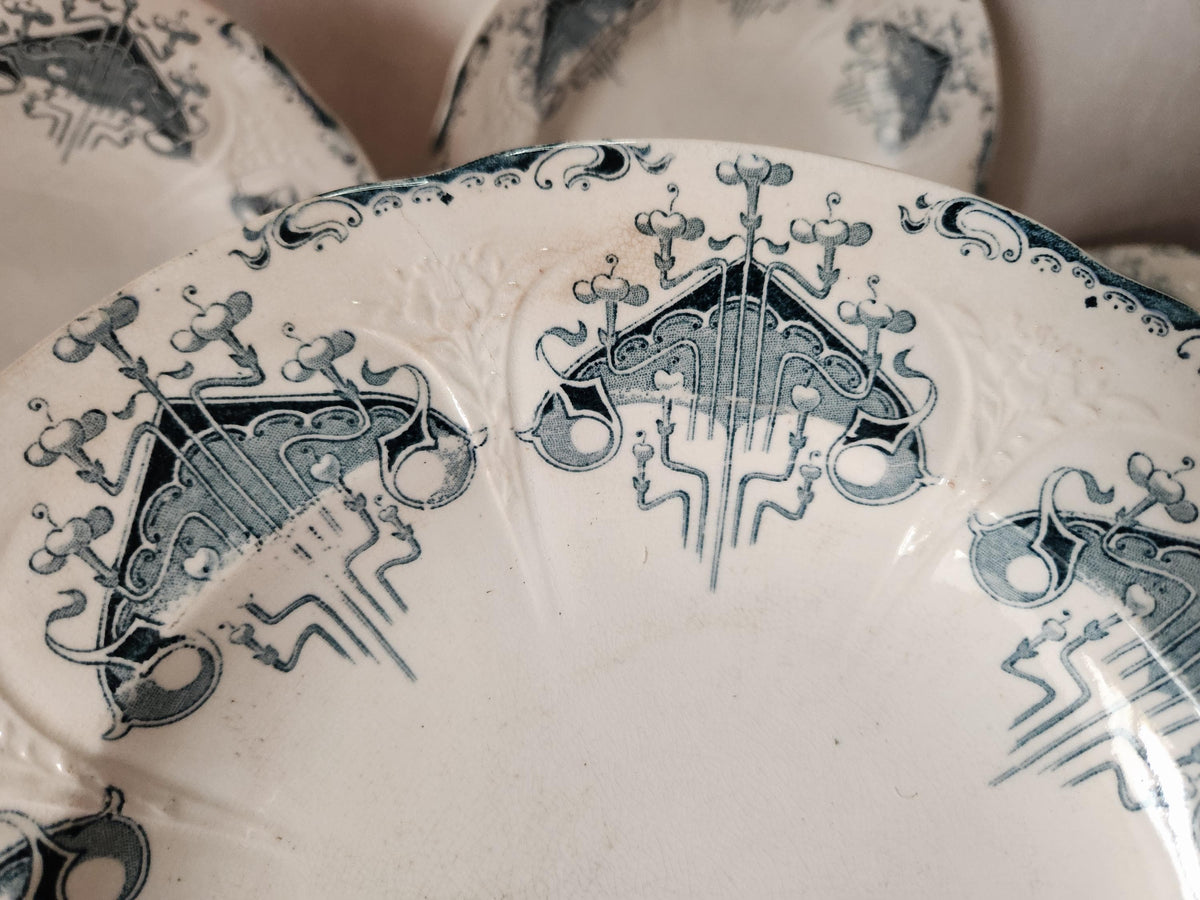 Antique French Ironstone 19th Century Longwy Byzantine Hollow Plates Blue Transferware