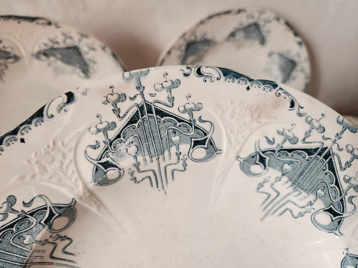 Antique French Ironstone 19th Century Longwy Byzantine Hollow Plates Blue Transferware
