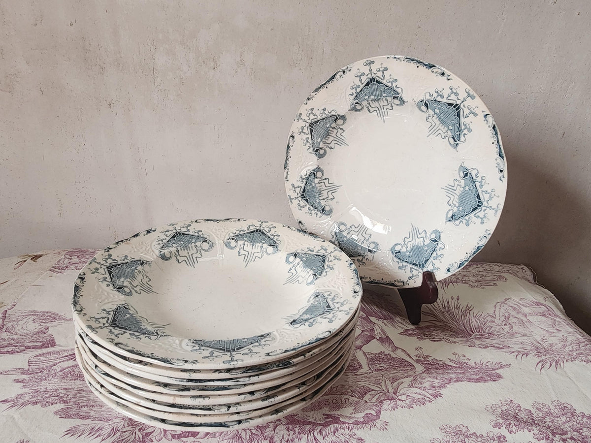 Antique French Ironstone 19th Century Longwy Byzantine Hollow Plates Blue Transferware