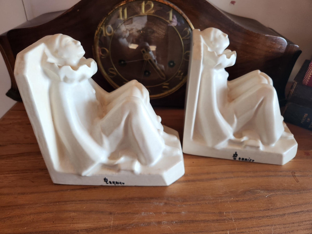 Vintage French Octave Larrieu Art Deco PAIR of Ceramic Pierrot Bookends
