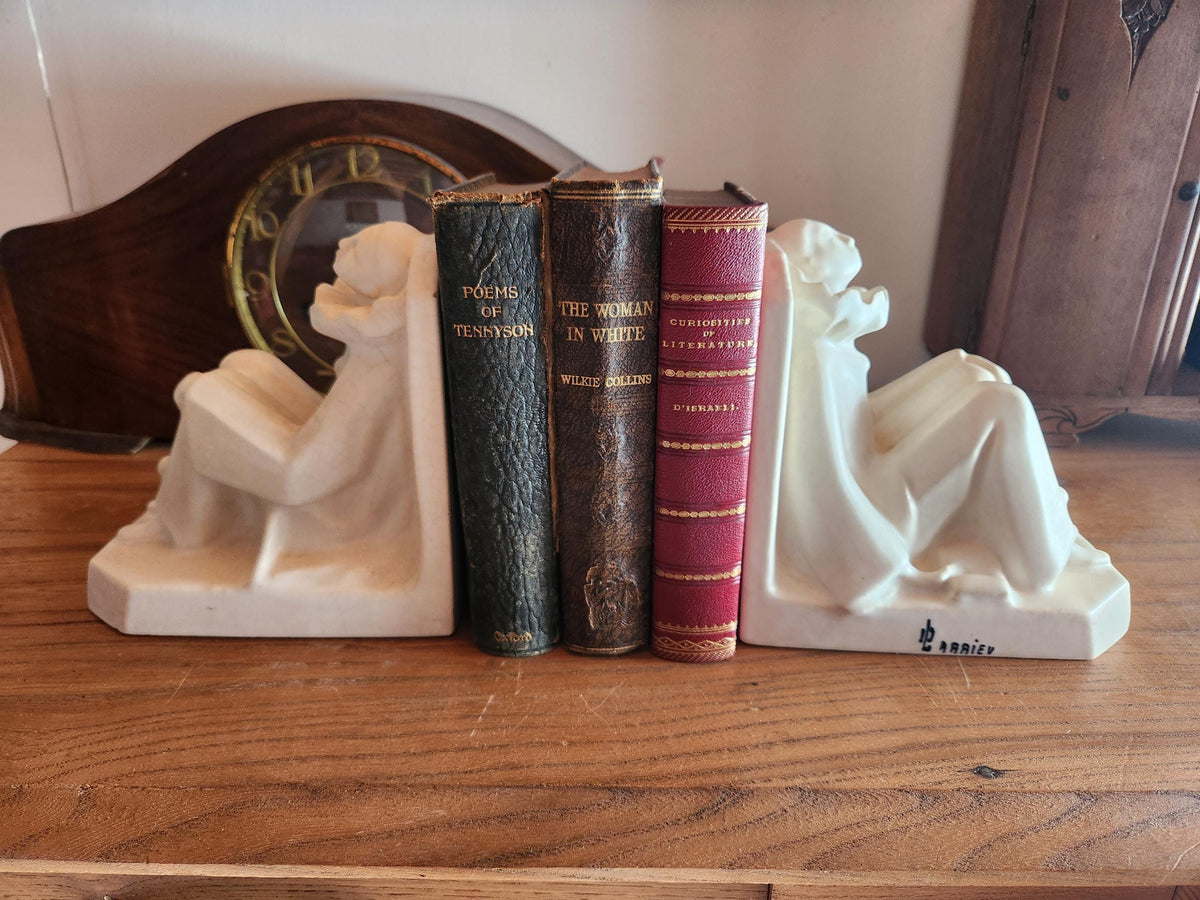 Vintage French Octave Larrieu Art Deco PAIR of Ceramic Pierrot Bookends