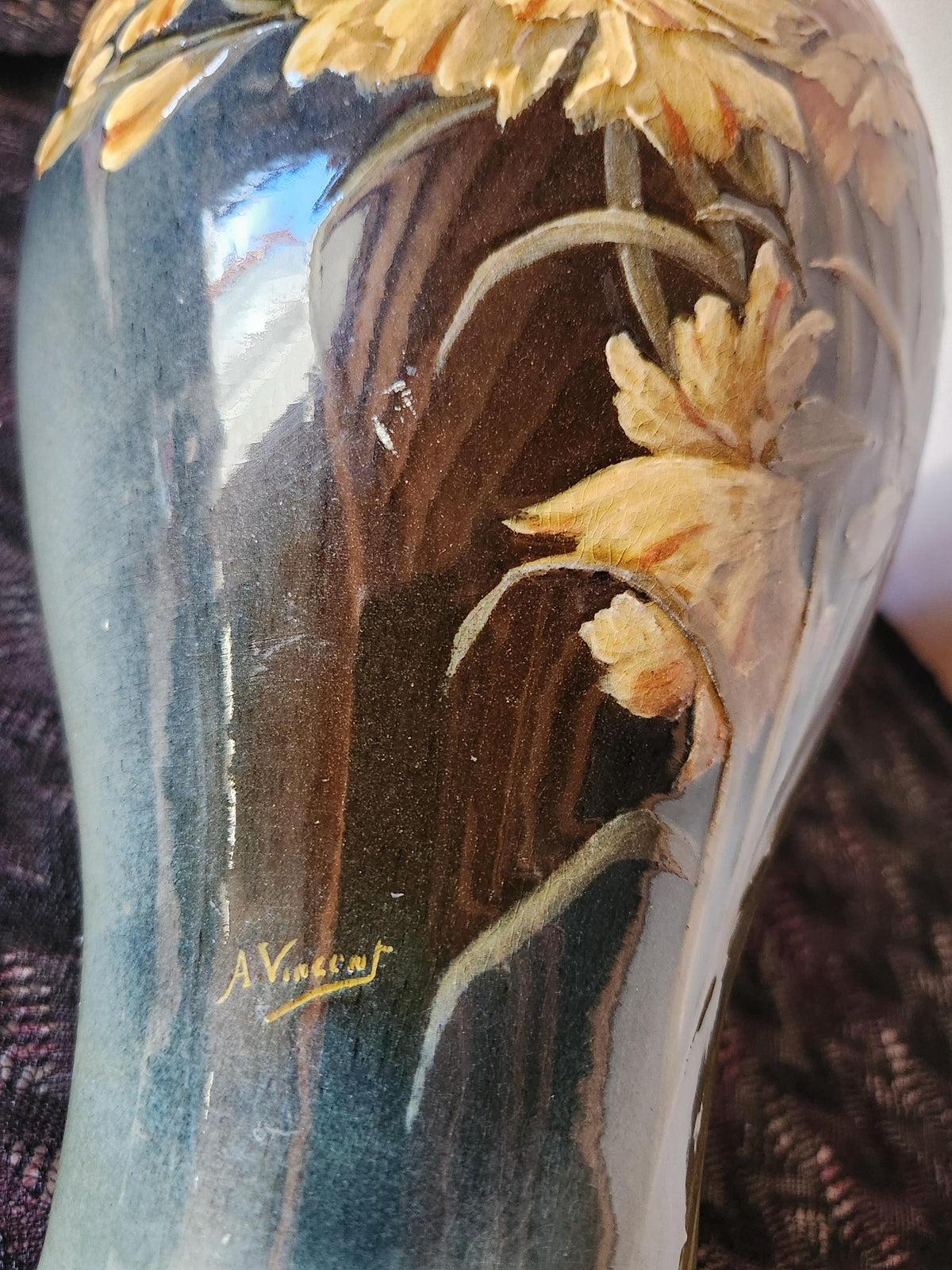 Antique French Impressionist Ceramic Vase Signed A. Vincent - Choisy le Roi