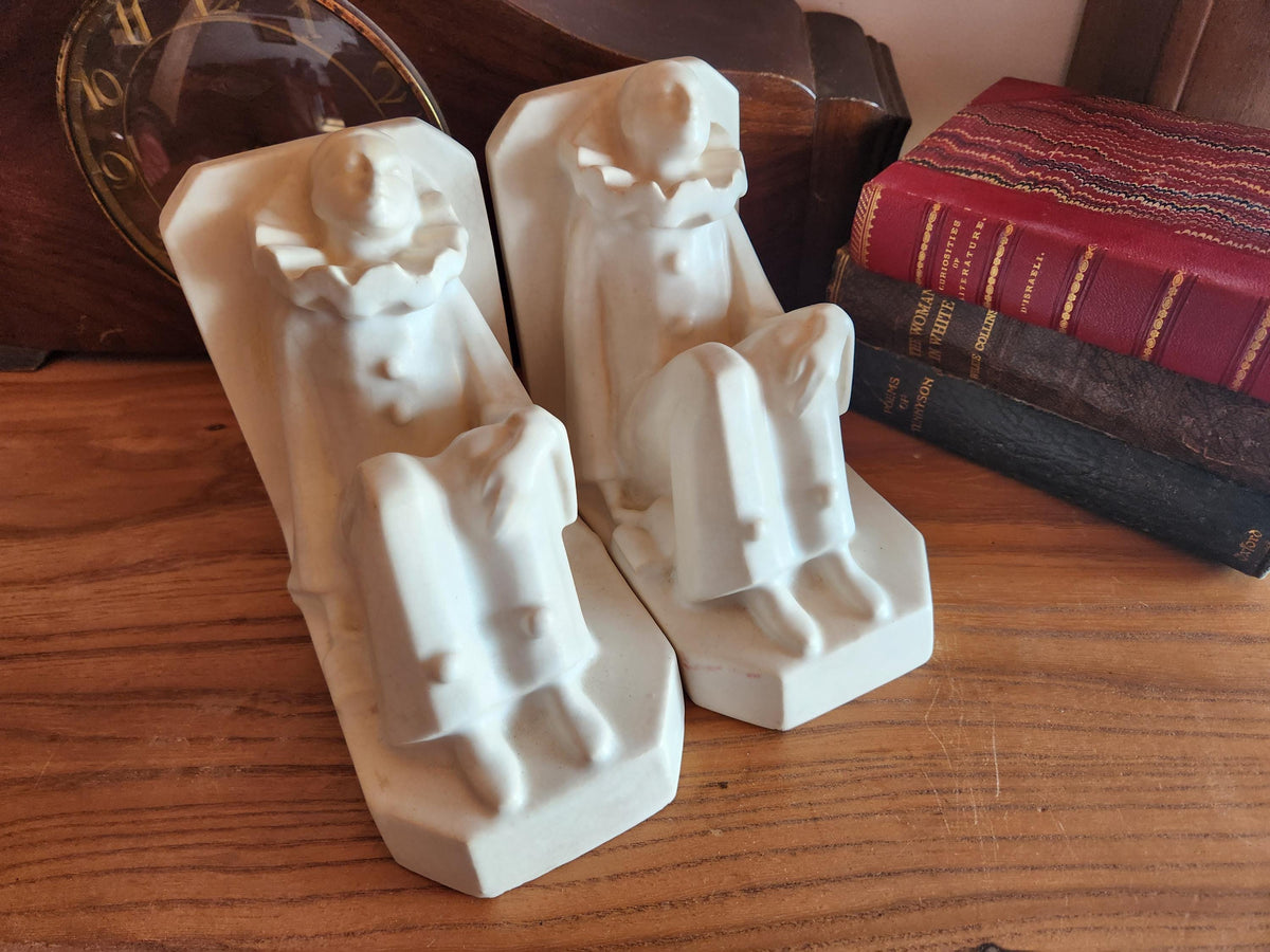 Vintage French Octave Larrieu Art Deco PAIR of Ceramic Pierrot Bookends