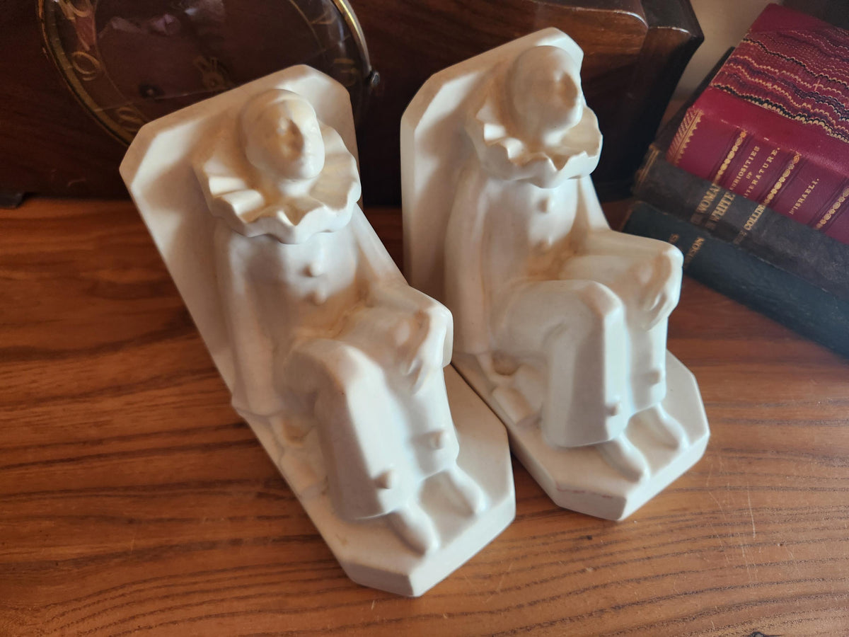 Vintage French Octave Larrieu Art Deco PAIR of Ceramic Pierrot Bookends