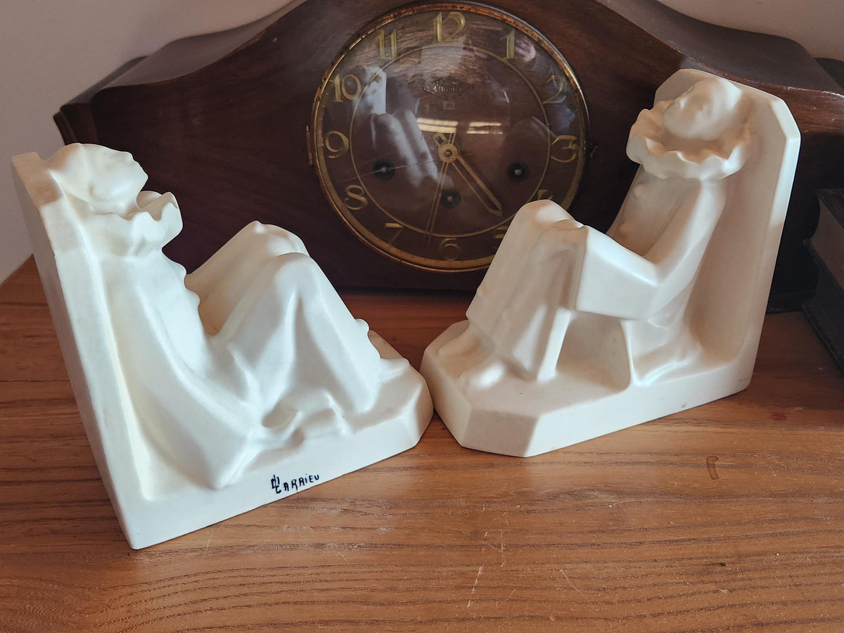Vintage French Octave Larrieu Art Deco PAIR of Ceramic Pierrot Bookends
