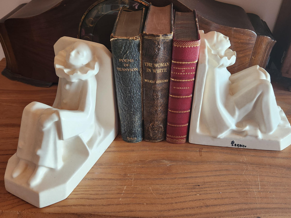 Vintage French Octave Larrieu Art Deco PAIR of Ceramic Pierrot Bookends
