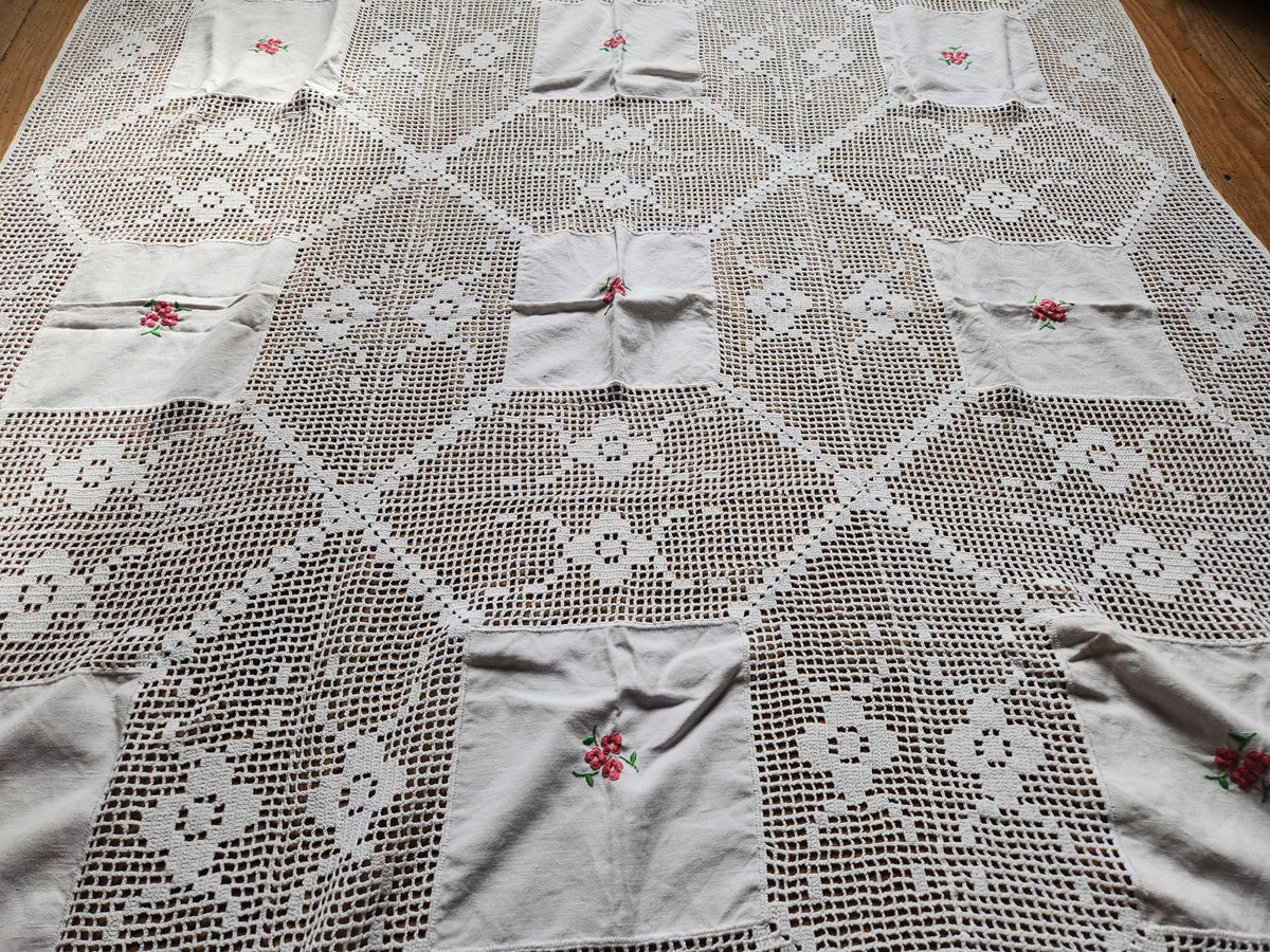 Vintage French Flower Panel Square Embroidered Lace Tablecloth 130x130cm