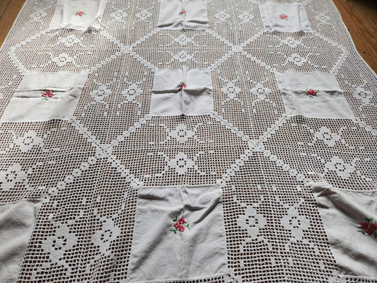 Vintage French Flower Panel Square Embroidered Lace Tablecloth 130x130cm