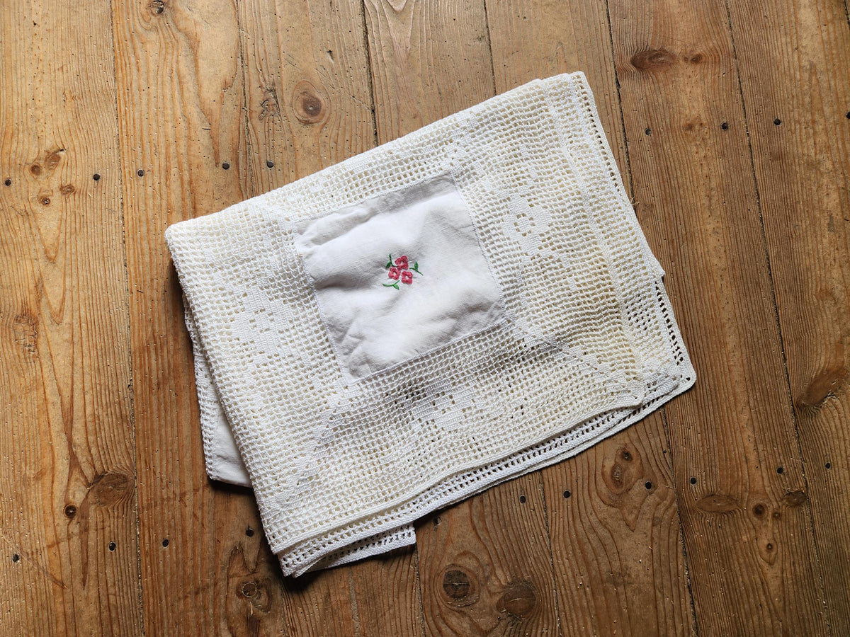 Vintage French Flower Panel Square Embroidered Lace Tablecloth 130x130cm