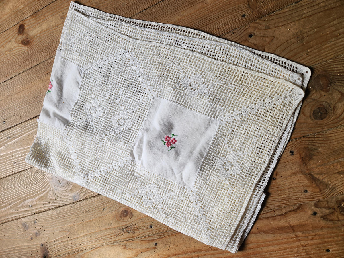 Vintage French Flower Panel Square Embroidered Lace Tablecloth 130x130cm