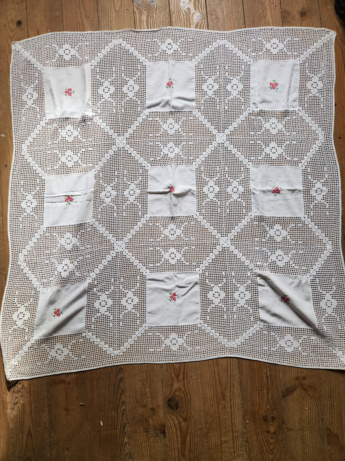 Vintage French Flower Panel Square Embroidered Lace Tablecloth 130x130cm
