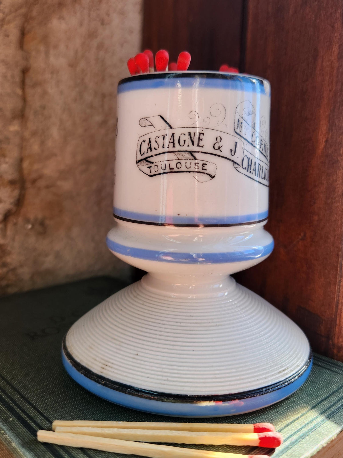 Rare Vintage French Porcelain Castagne & J.Charlionais Toulouse Pyrogene Match Striker Pot, Match Lighter.