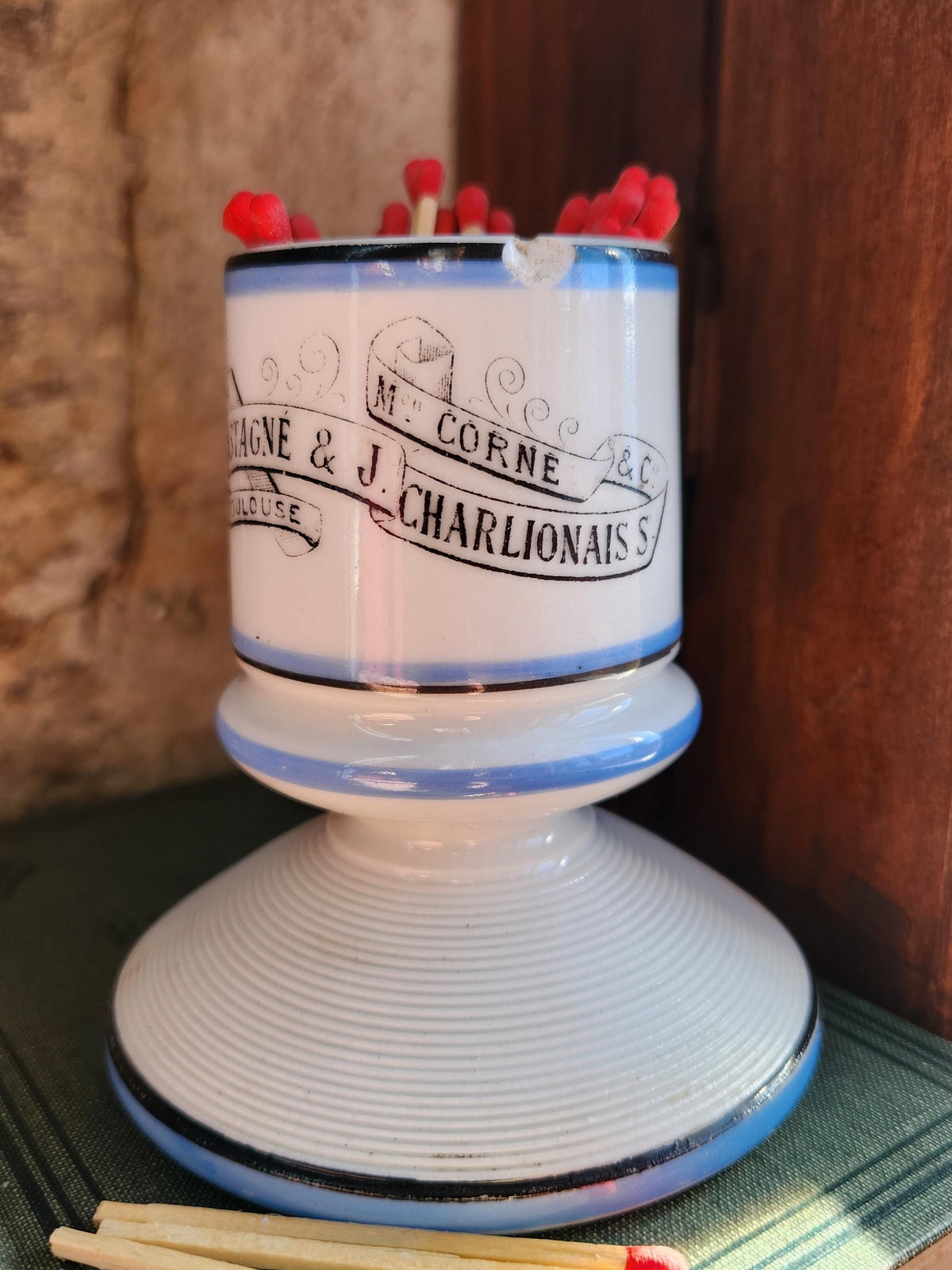 Rare Vintage French Porcelain Castagne & J.Charlionais Toulouse Pyrogene Match Striker Pot, Match Lighter.