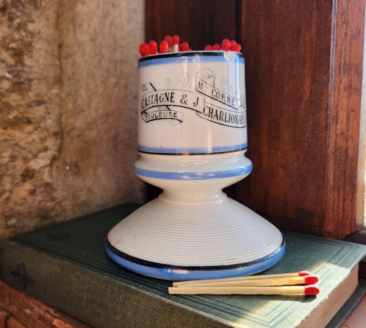 Rare Vintage French Porcelain Castagne & J.Charlionais Toulouse Pyrogene Match Striker Pot, Match Lighter.