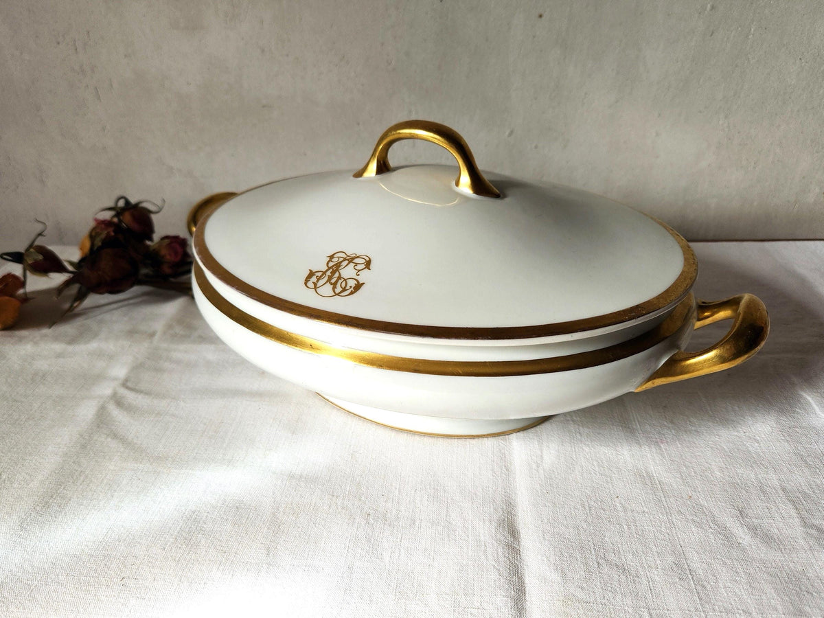 Bernardaud white porcelain soup tureen with monogramme CK and gilt finish