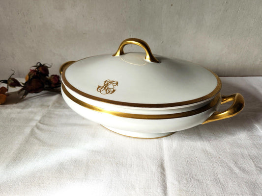 Bernardaud white porcelain soup tureen with monogramme CK and gilt finish