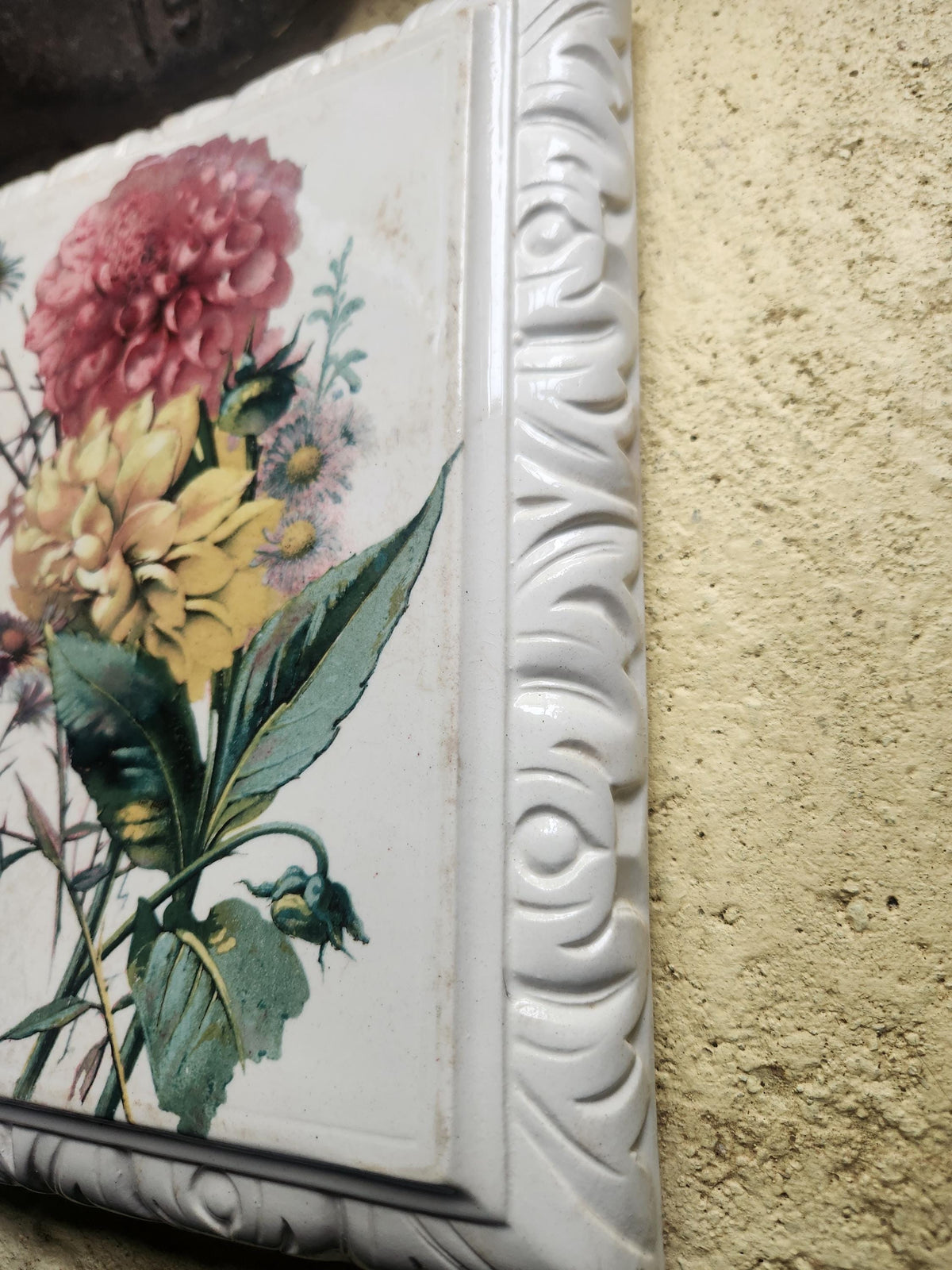 Antique French Choisy Le Roi Large Ironstone Table Trivet with Floral Transferware