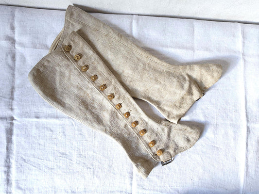 Antique Oatmeal Canvas Cotton High Gaiters Boot Covers 12 Buttons
