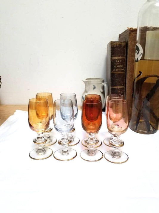 Vintage French Art Deco Liqueur Glasses: Multi-Colored Lustreware with Gold Rim