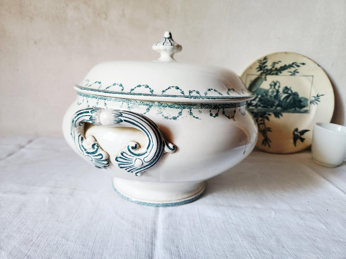 Antique French 1880s Ironstone Soup Tureen Sarregeumines FAUST: Forest Green Floral Bowl