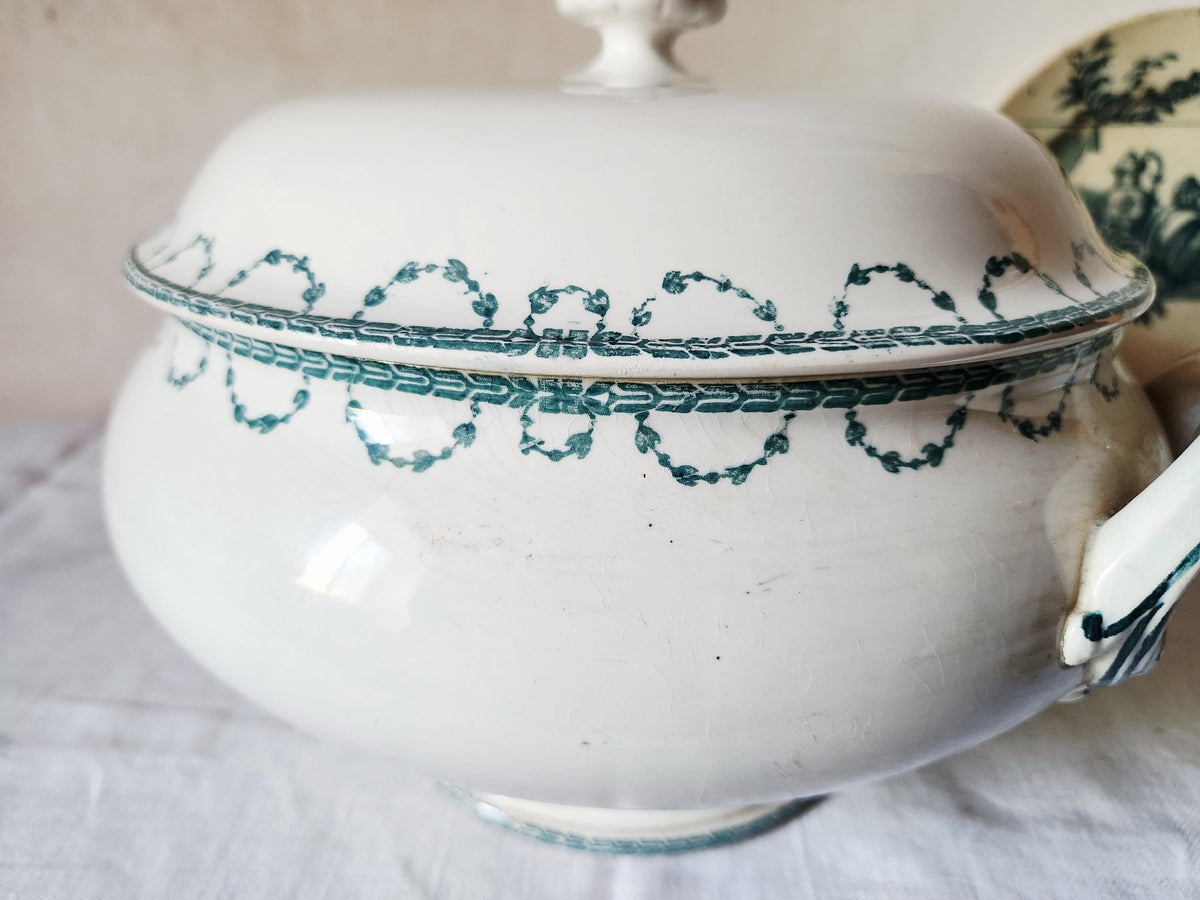 Antique French 1880s Ironstone Soup Tureen Sarregeumines FAUST: Forest Green Floral Bowl