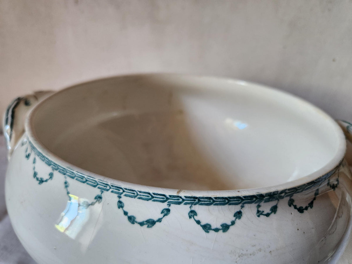 Antique French 1880s Ironstone Soup Tureen Sarregeumines FAUST: Forest Green Floral Bowl