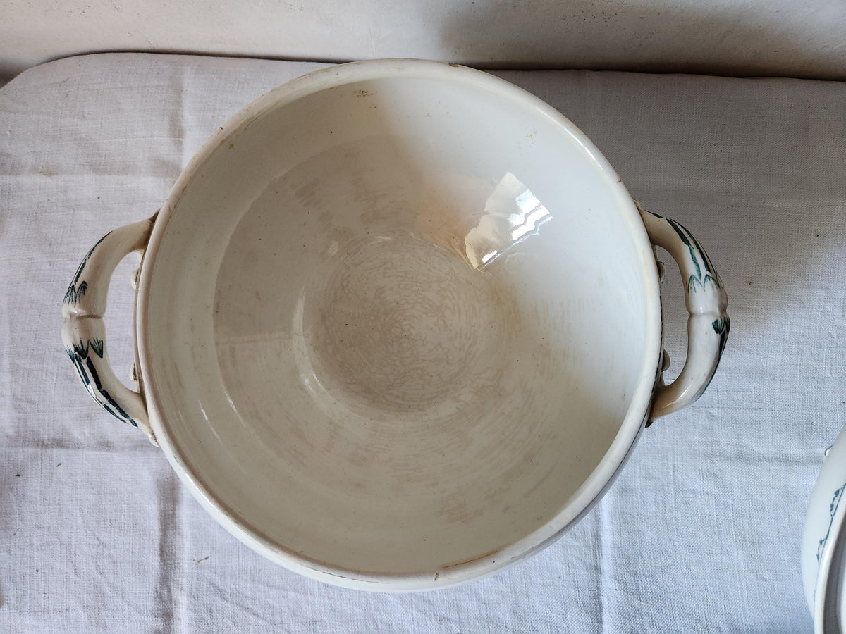 Antique French 1880s Ironstone Soup Tureen Sarregeumines FAUST: Forest Green Floral Bowl