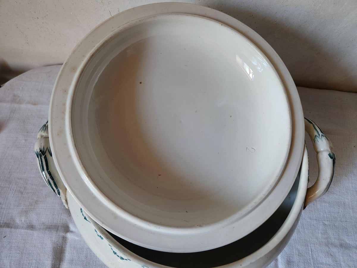 Antique French 1880s Ironstone Soup Tureen Sarregeumines FAUST: Forest Green Floral Bowl