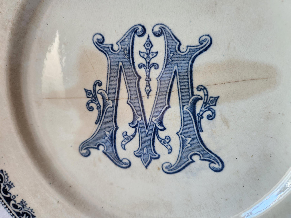 Antique French Ironstone Plate 'M' Monogramme Blue Transferware TEA STAINED