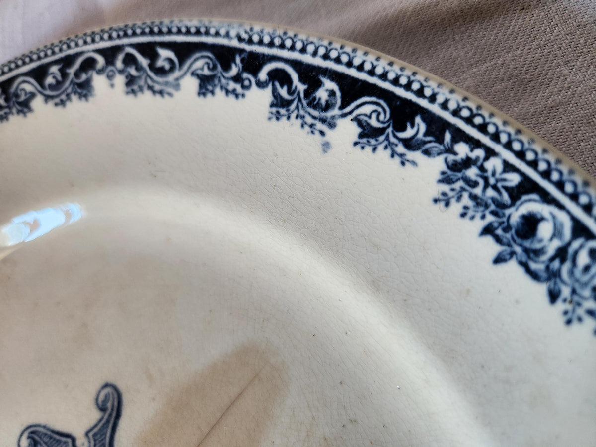Antique French Ironstone Plate 'M' Monogramme Blue Transferware TEA STAINED