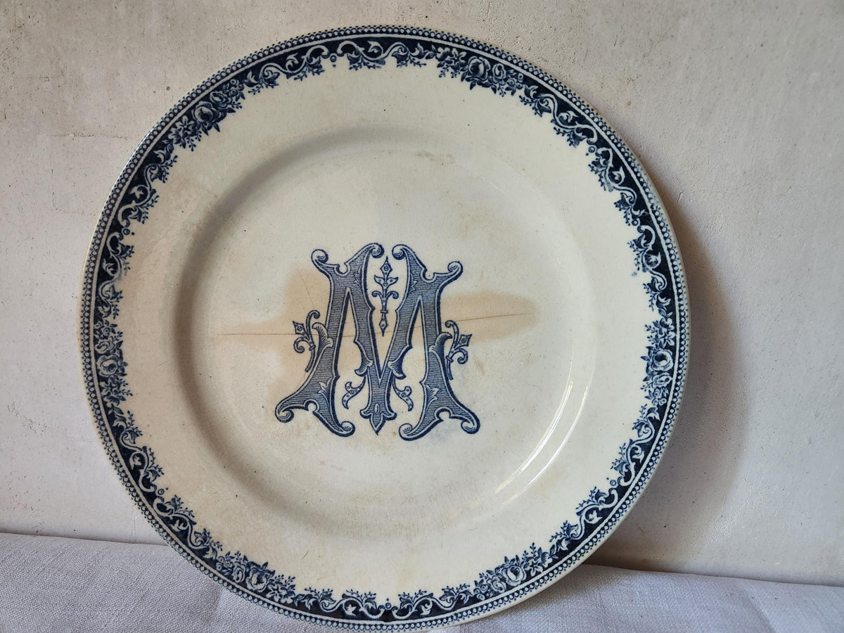 Antique French Ironstone Plate 'M' Monogramme Blue Transferware TEA STAINED