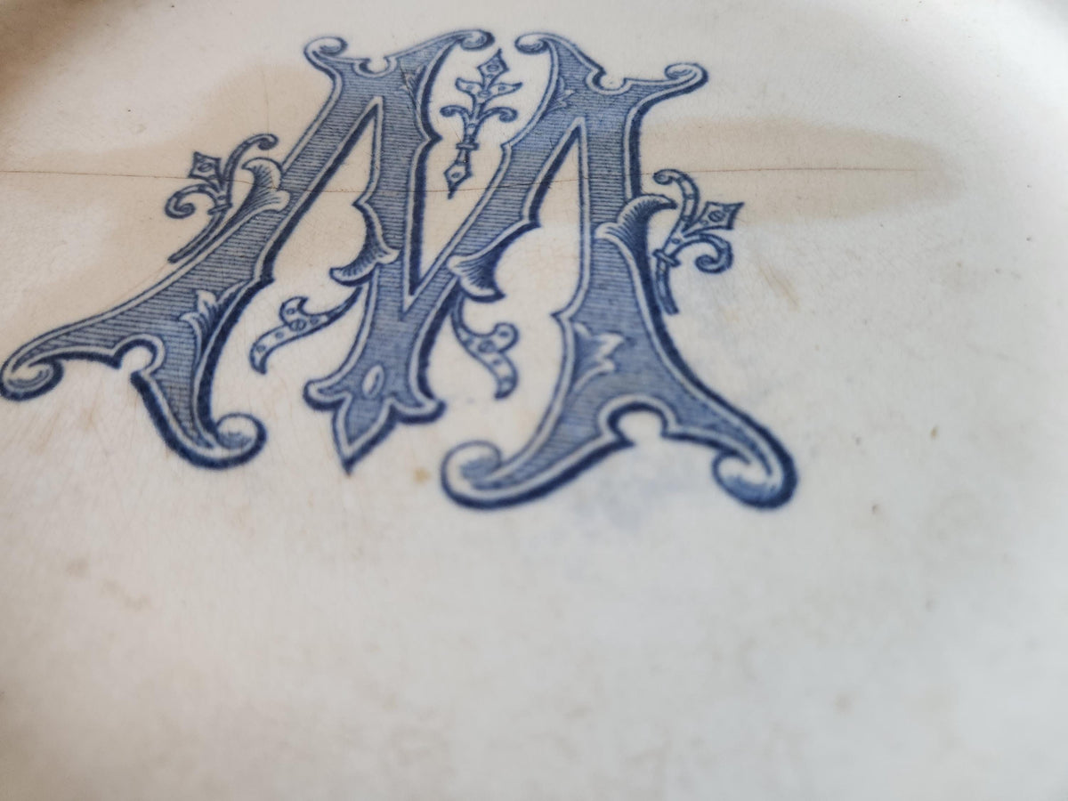 Antique French Ironstone Plate 'M' Monogramme Blue Transferware TEA STAINED