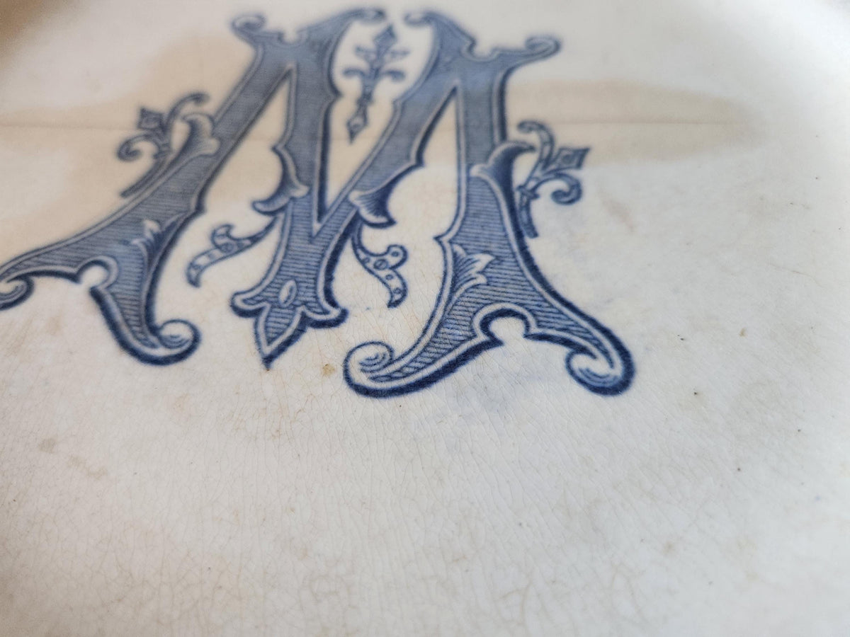 Antique French Ironstone Plate 'M' Monogramme Blue Transferware TEA STAINED