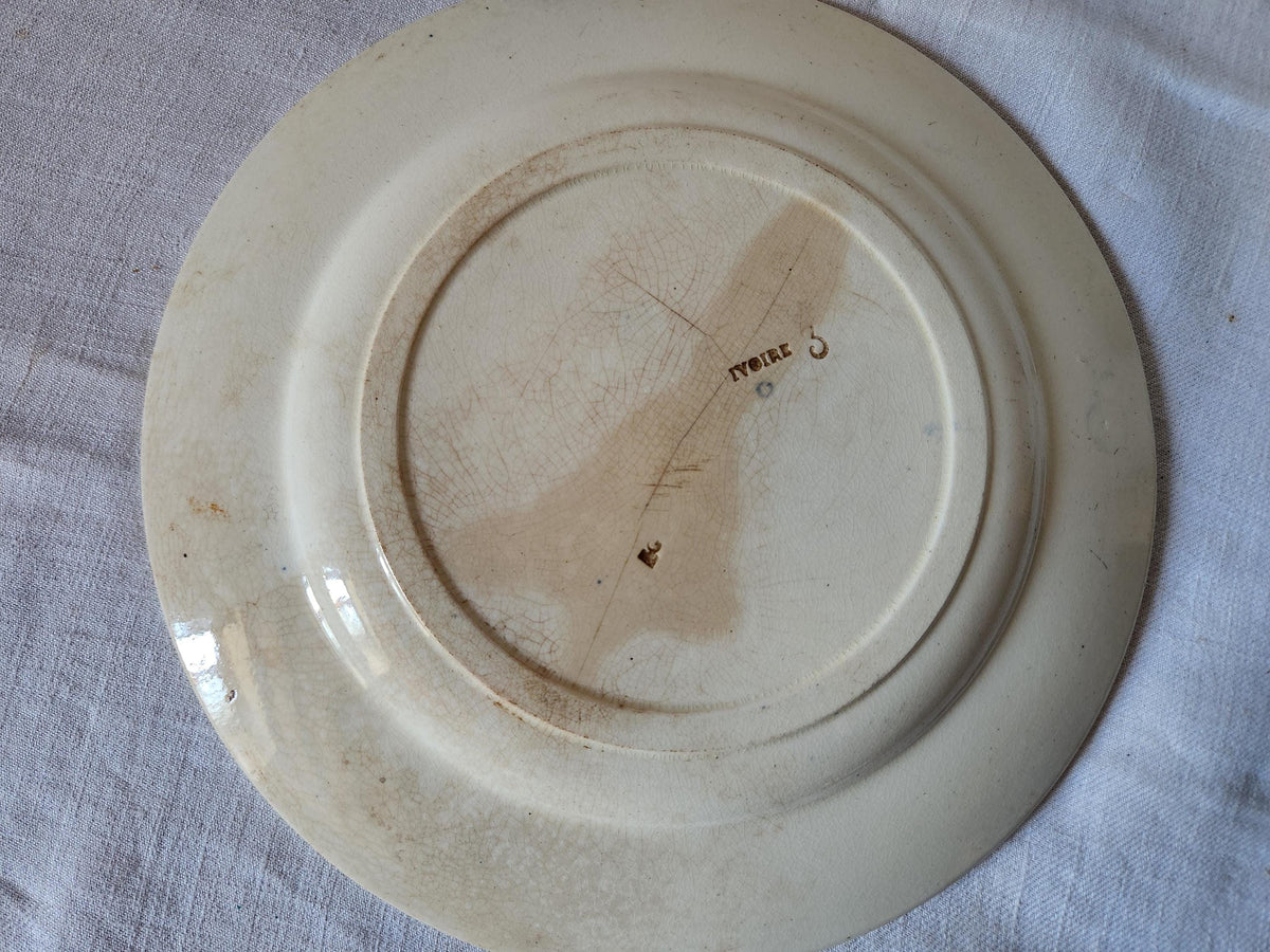 Antique French Ironstone Plate 'M' Monogramme Blue Transferware TEA STAINED